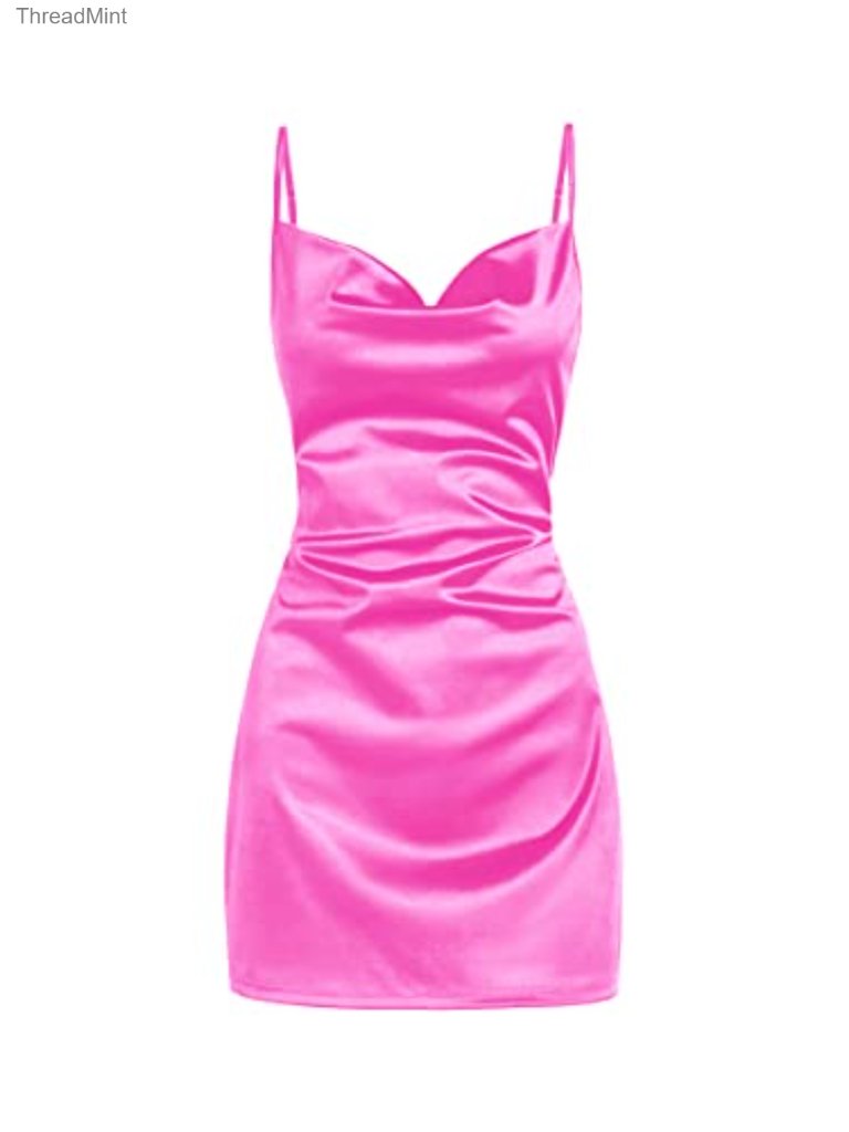 Satin Sleeveless Spaghetti Strap Mini Dress Cowl Neck Silky Cocktail Party Dress